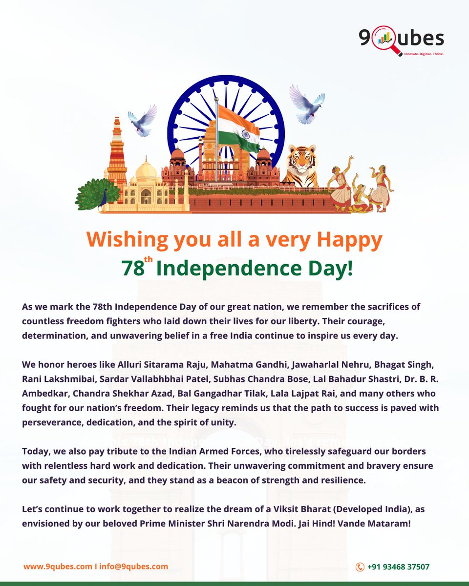 9Qubes's tweet photo. Wishing you all a very Happy 78th Independence Day!

#9qubes #independenceday2024 #happyindependenceday #jaihind #vandemataram #viksitbharat #78thindependenceday #indiaindependenceday2024 
#independencedaycelebrations #indianfreedomfighters #trending #viral #incredibleindia https://t.co/ooxB0WktV8