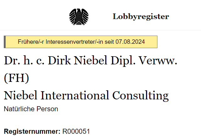 Unsere Undercover-Recherche mit dem ZDF deckte kürzlich auf, dass Ex-Minister Dirk Niebel Lobbykontakte zur Bundesregierung vermittelt. 2 Wochen nach unserer Veröffentlichung das: Niebel deaktivierte seinen Eintrag im Lobbyregister 🧵