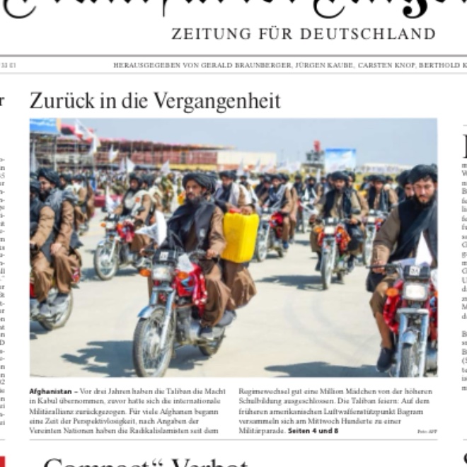 Mit einem bedenkenswerten Leitartikel (faz.net/aktuell/politi…) und einer differenzierten Titelgeschichte <a href="/faznet/">Frankfurter Allgemeine</a> wirbt <a href="/FriederikeBoege/">Friederike Böge</a> drei Jahre nach deren Machtergreifung für einen realpolitischen Umgang mit den #Taliban.