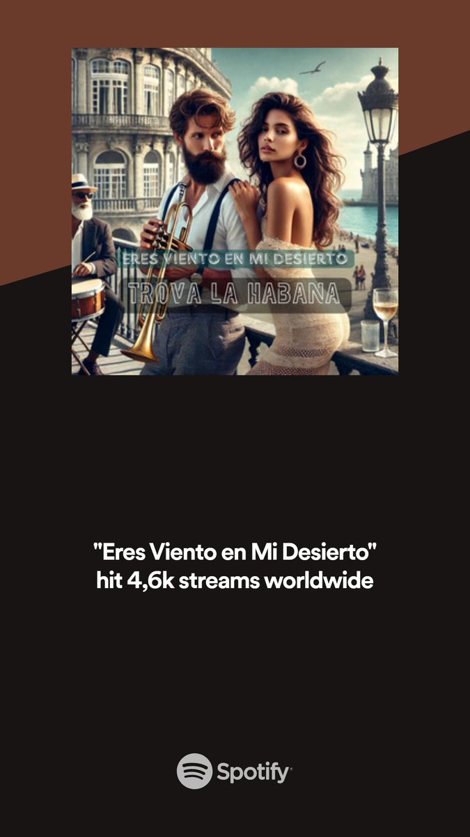 🎵 "Eres viento en mi desierto" de Trova La Habana! 🌴🎶 Ya está disponible en la playlist editorial "Novedades Tropicales" en Spotify. ¡No te lo pierdas! Dale play y disfrútala 🎧
👉 open.spotify.com/intl-es/track/… 
#TrovaLaHabana #NuevaMúsica #SalsaCubana #NovedadesTropicales #Spotify