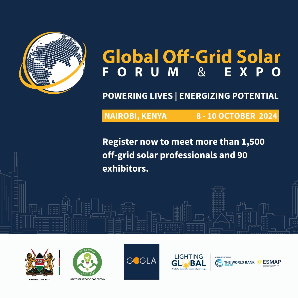 Global Platform for Action (GPA) (@energygpa) on Twitter photo 📣 Join #GOGSFE24 for the global #OffGridSolar event!
Connect with sector experts & attend sessions on expanding energy access, powering agriculture, & health.
Co-hosted by <a href="/GOGLAssociation/">GOGLA</a>, <a href="/GovtOfKenya/">Government of Kenya</a>, <a href="/WBG_Energy/">World Bank Energy</a>, #ESMAP & <a href="/lightingafrica/">Lighting Global</a>.
Register: offgridsolarforum.org 📣 Join #GOGSFE24 for the global #OffGridSolar event!
Connect with sector experts & attend sessions on expanding energy access, powering agriculture, & health.
Co-hosted by <a href="/GOGLAssociation/">GOGLA</a>, <a href="/GovtOfKenya/">Government of Kenya</a>, <a href="/WBG_Energy/">World Bank Energy</a>, #ESMAP & <a href="/lightingafrica/">Lighting Global</a>.
Register: offgridsolarforum.org