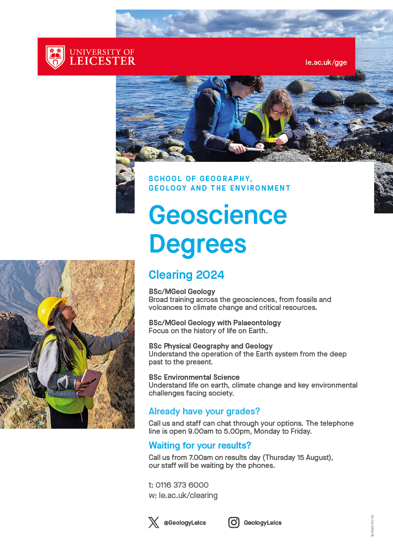 Have you received your results? Why not consider a career in Geology, Geography and Environmental Science? We have clearing spaces available. Check 👉le.ac.uk/clearing or call us on: 0116 373 6000 today! Lines open 9.00am to 5.00pm, Monday to Friday