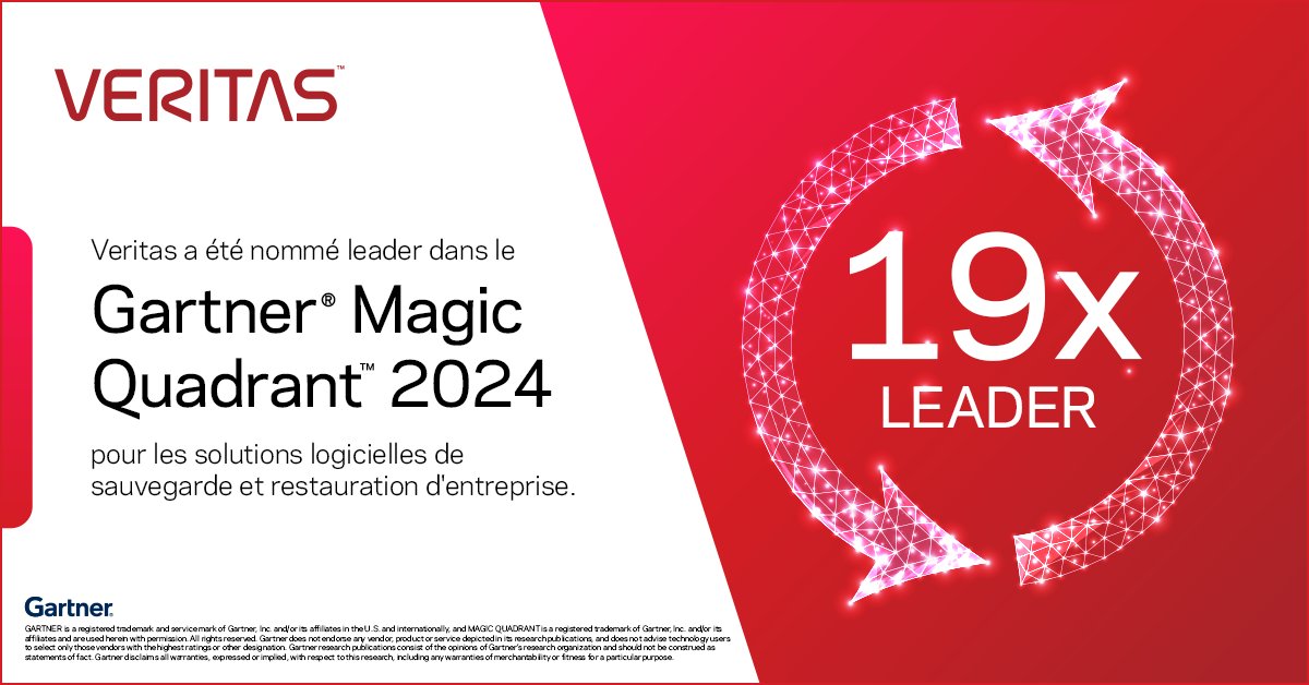 Veritas nommé leader dans le #MagicQuadrant! Lisez le rapport Gartner® Magic Quadrant™ 2024 sur les solutions logicielles de sauvegarde et restauration d’entreprise et découvrez pourquoi Veritas est le seul leader reconnu pour la 19e fois. Merci, Gartner! vrt.as/3X21ttr