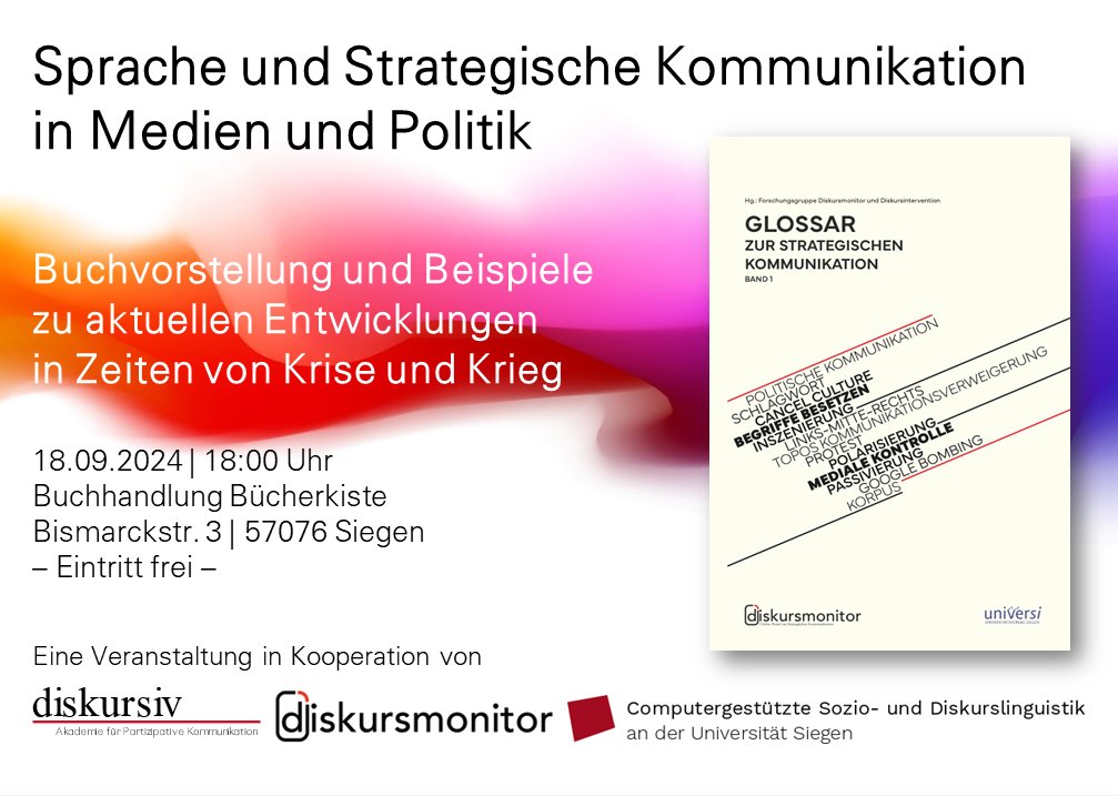 Buchvorstellung zum #Glossar der Strategischen Kommunikation (Band 1) der Forschungsgruppe <a href="/diskursmonitor/">diskursmonitor</a>

18.09.2024, 18h in der Bücherkiste in Siegen
- Eintritt frei -

#SaveTheDate

<a href="/UniSiegen/">Universität Siegen</a> <a href="/SiegenerZeitung/">Siegener Zeitung</a> <a href="/fff_siegen/">Fridays for Future Siegen</a> <a href="/PluraleSiegen/">Plurale Ökonomik Siegen</a> <a href="/SoWiUniSiegen/">Sozialwissenschaften</a>