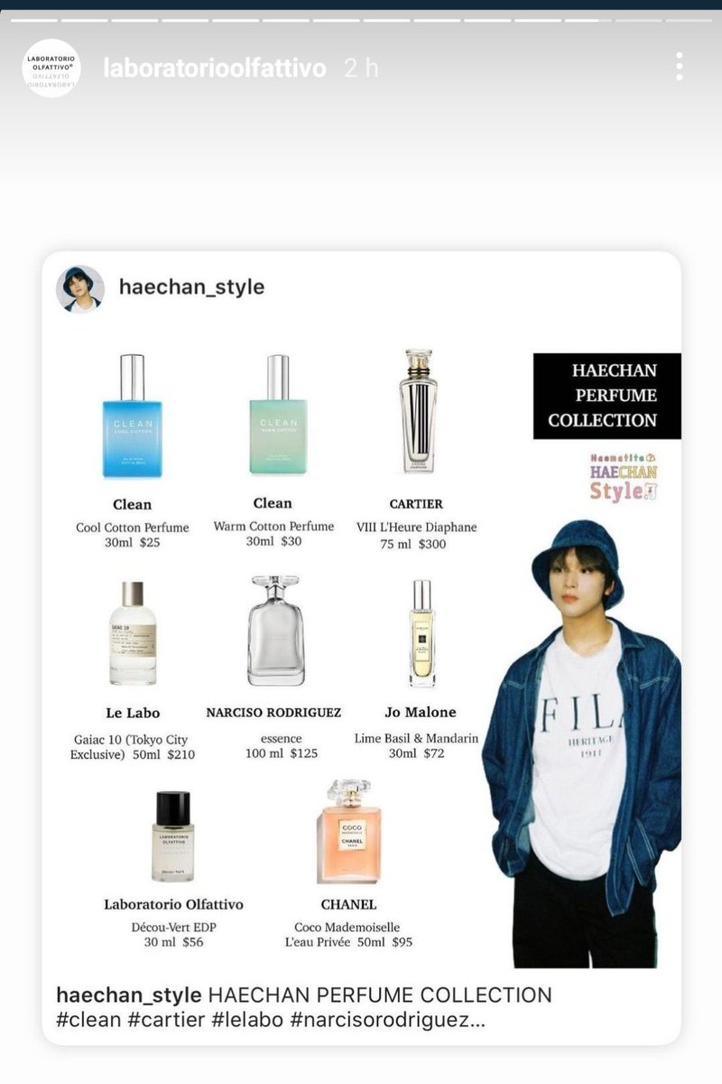kogumahaechan's tweet photo. the Laboratorio Olfattivo official instagram shared a picture of haechan’s perfume collection on their story which has their Décou-Vert perfume. haechan shared it on his bubble 3 years ago and it rose 4x in sales because of him. it gives him a sweet, chocolatey scent 🍫 https://t.co/x6PsLT7CSP