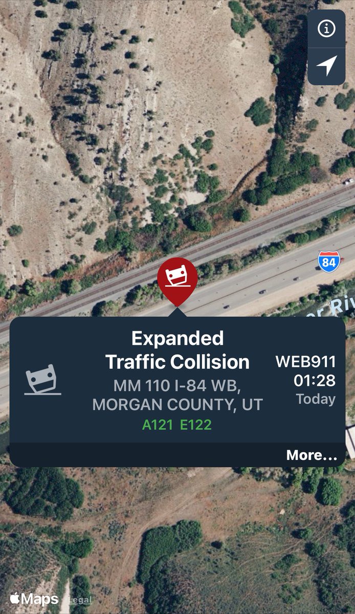 SLCScanner's tweet photo. #SemiRollover #MorganCounty #UPDATE I-84 MM-110 WB. A semi has rolled blocking WB lanes of I-84. Fire just advised that the truck has leaked approx 400+ Gallons of Fuel. #Hazmat @pulsepoint https://t.co/UdPeErwW4T