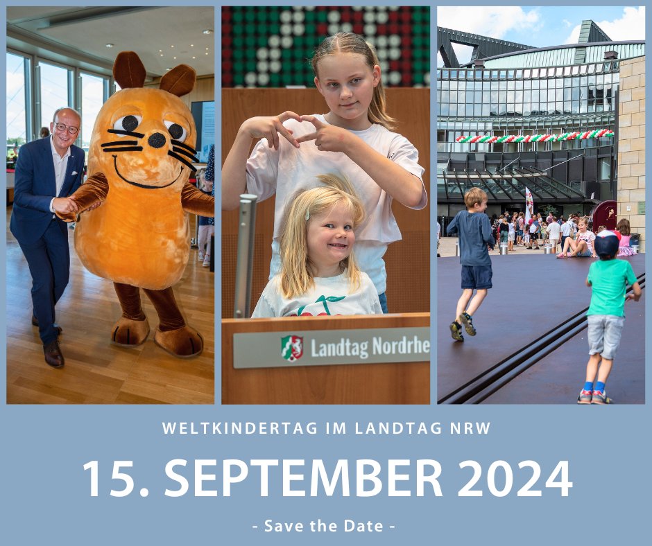 In einem Monat feiern wir den #Weltkindertag im #ltnrw. Plenarsaal, Erlebnisausstellungen, Musik, Entdeckungstouren und mehr 🚨 📷 📷 -  Kinder und ihre Familien erleben den Landtag live und besonders bunt.  

⬇️#SavetheDate ⬇️
Sonntag, 15. September 2024, 12 bis 18 Uhr