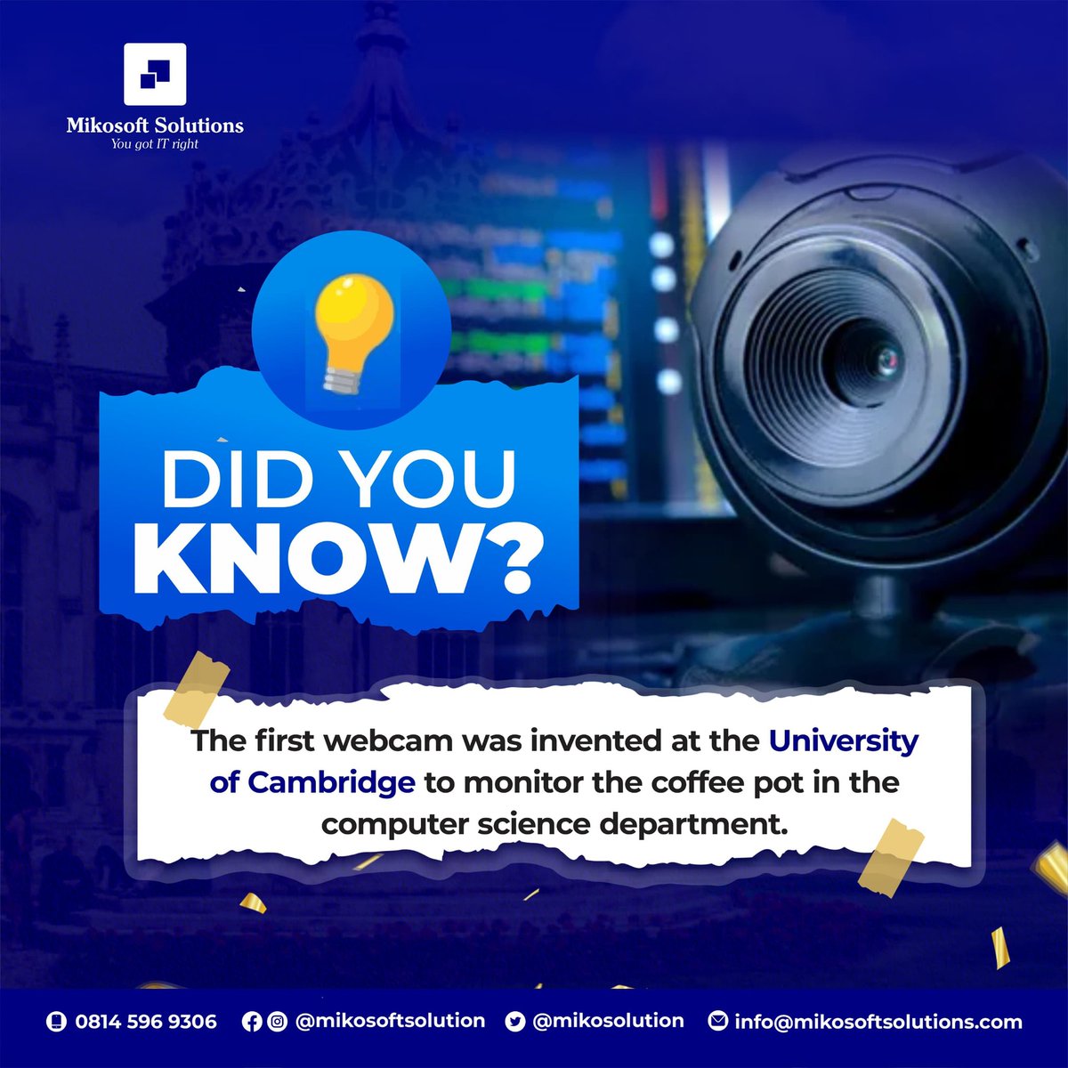 mikosolution's tweet photo. The first webcam was invented at the University of Cambridge to monitor the coffee pot in the computer science department. The invention of the webcam has led to a revolution in communication and remote work. #Mikosoftsolutions https://t.co/PGFGEnbkOw