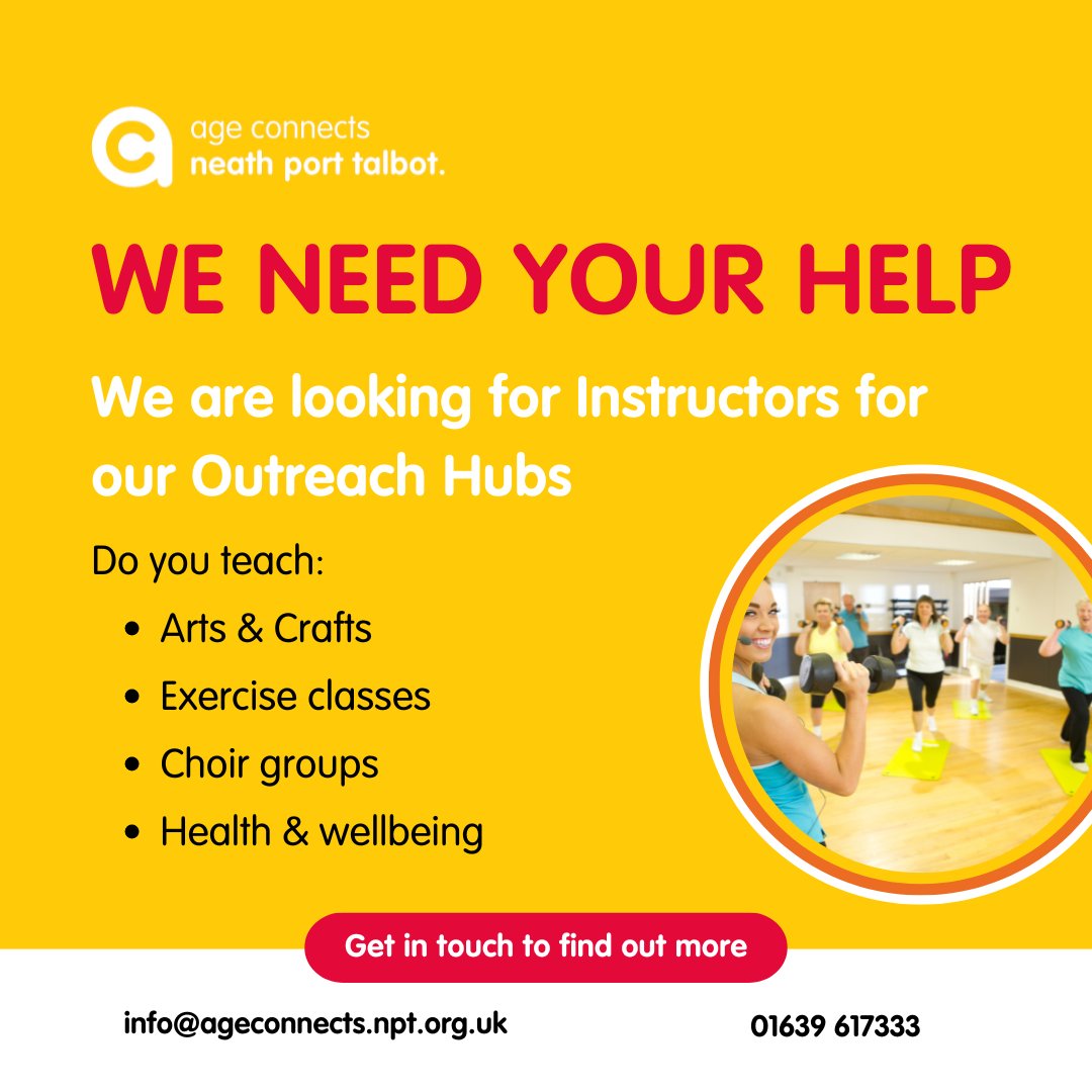 CAN YOU HELP?
We are looking for providers and local groups to teach at our Outreach hubs across Neath Port Talbot. 

Whether it's arts &amp; crafts, fitness, or a singing, please get in touch today on: 01639 617333 or email info@ageconnectsnpt.org.uk