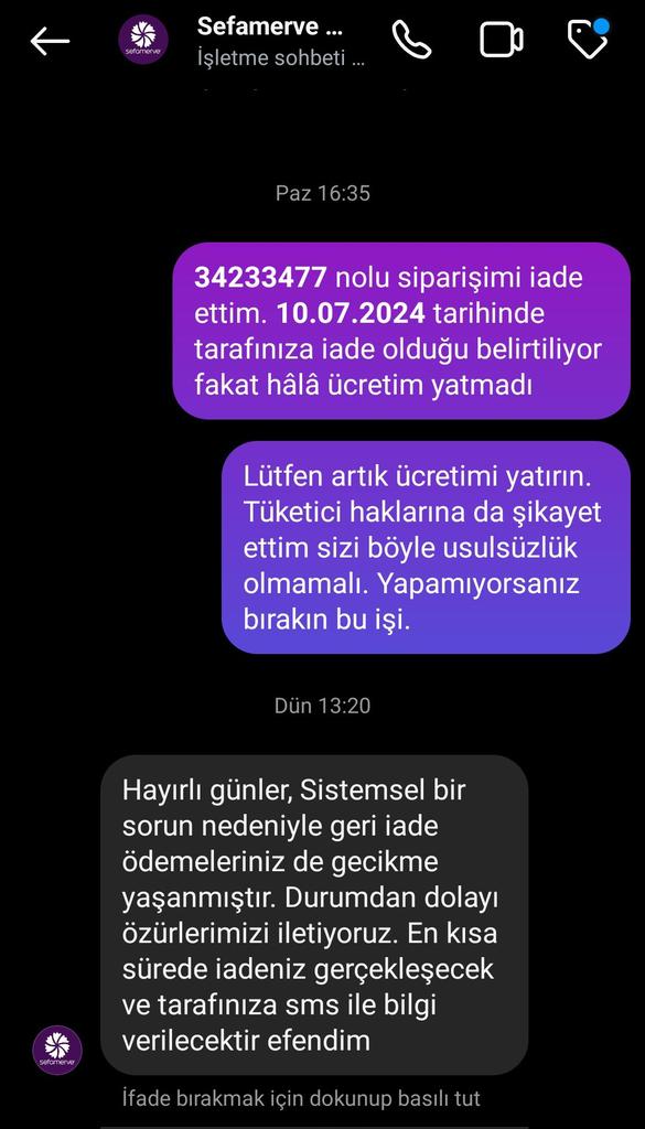 NurZabun's tweet photo. @SefaMervecom @SefaMervecom 10 temmuzda iade olan siparişimin para iadesini hâlâ gerçekleştirmedi. Üstüne üstlük sistemsel bir sıkıntı gibi komik bir bahane sunuyorlar. Buradan alışveriş yapacaklara uyarı olsun. Tüketici hakem heyetine başvuru yaptım, artık Sefamerve ismini duymak istemiyorum. https://t.co/r60LRjTRp5