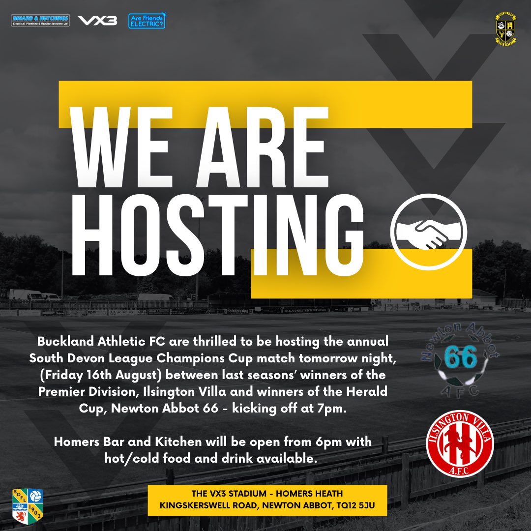 🔜 | Tomorrow Night

We are hosting…

🗓️ Friday 16th August
🆚️ <a href="/IlsingtonVilla/">Ilsington Villa</a> vs <a href="/NewtonAbbot66/">Newton Abbot 66</a>
🏆 <a href="/sdfl2020/">SDFL</a> Champions Cup
🏟 The <a href="/VX3apparel/">VX3</a> Stadium - Homers Heath, TQ12 5JU
💷 Adults £5, Concessions &amp; Children £2
⏱️ 7pm KO

Come along &amp; support local grassroots football ⚽️