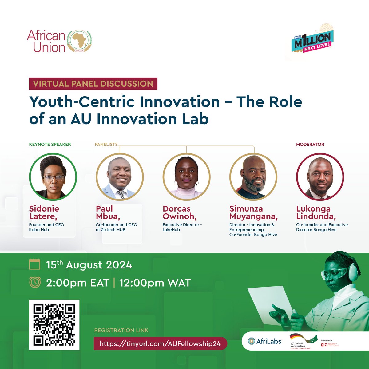 Have you registered yet? Join us TODAY for an engaging panel discussion on "Youth-Centric Innovation – the Role of an AU Innovation Lab."

We’re excited to feature:

🎙 Sidonie Latere, Founder and CEO of Kobo Hub (Keynote speaker)

Panelists:

🎙 Simunza Muyangana, Co-founder of