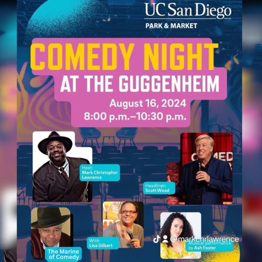 Comedy Night at the Guggenheim Theatre at UC San Diego Park &amp; Market downtown San Diego August 16th. Doors open at 7pm for a fun filled red carpet with the comedians! 

Get your tix now: 
eventbrite.com/e/comedy-night…