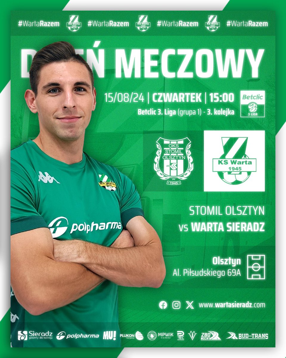 ⚽ DZIEŃ MECZOWY!
🏆 Betclic 3. Liga (grupa 1) - 3. kolejka
🆚 <a href="/StomilOlsztynSA/">Stomil Olsztyn</a> 
🕒 15:00
📌 Olsztyn, Al. Piłsudskiego 69A

💻 Transmisja YouTube:
wartasieradz.com/transmisja-liv…

📰 Zapowiedź spotkania:
wartasieradz.com/siedem-lat-min…

#WartaRazem! 🟩⬜🟩