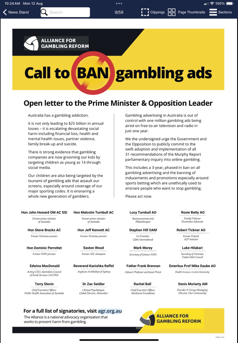 Western Australian Council of Social Service (@wacoss) on Twitter photo WACOSS has joined prominent Australian leaders, MPs, sports people, community, health and spiritual leaders in calling for a blanket ban of all ads promoting gambling.
Get involved 👉 agr.org.au/open-letter-to…
#EndGamblingAds <a href="/ReformGambling/">Alliance for Gambling Reform</a> WACOSS has joined prominent Australian leaders, MPs, sports people, community, health and spiritual leaders in calling for a blanket ban of all ads promoting gambling.
Get involved 👉 agr.org.au/open-letter-to…
#EndGamblingAds <a href="/ReformGambling/">Alliance for Gambling Reform</a>