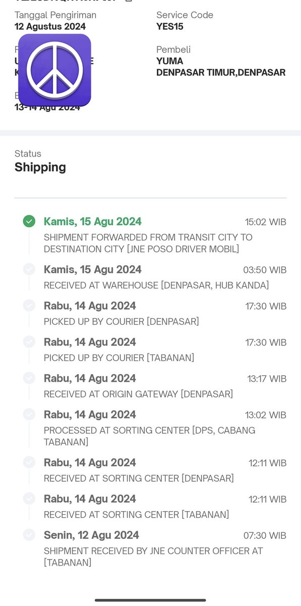 rah_yuma's tweet photo. ga jelas ini jne @JNE_ID dari tabanan ke denpasar pake paket yes (YAKIN ESOK SAMPAI) estimasi 13-14 agustus eh smpe tgl 15 ga sampe2. pdhl cm antar kota bukan antar pulau 🤮kl di tanya jawab nya cm on progress mulu 🥵 di ganti ga itu ya 🤭 https://t.co/aADil05l2z