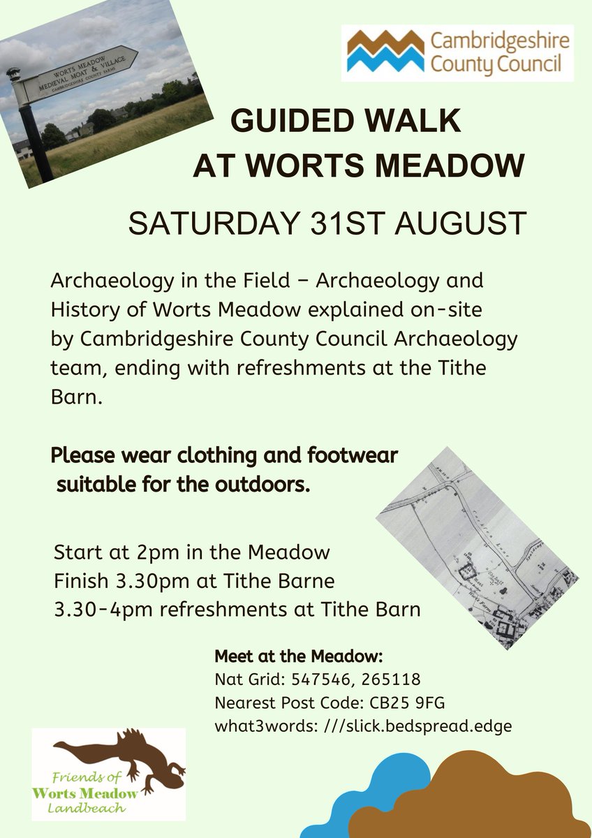 Guided Walk at Worts Meadow learn all about the archaeology and biodiversity of the site by the Heritage and Nature teams <a href="/CambsCC/">Cambridgeshire County Council</a> 2pm Saturday 31st August