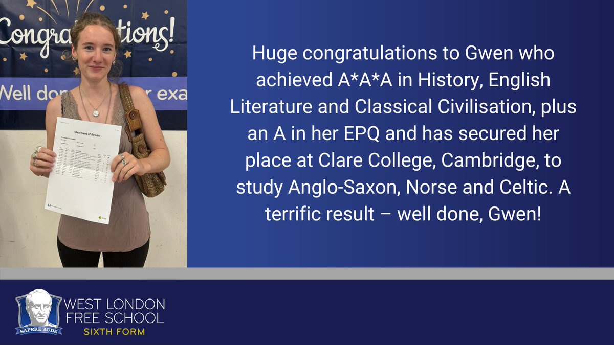 West London Free School Sixth Form (@wlfs_sixth_form) on Twitter photo Congratulations Gwen! We wish you the best of luck at <a href="/Cambridge_Uni/">Cambridge University</a>! #WLFSresults Congratulations Gwen! We wish you the best of luck at <a href="/Cambridge_Uni/">Cambridge University</a>! #WLFSresults