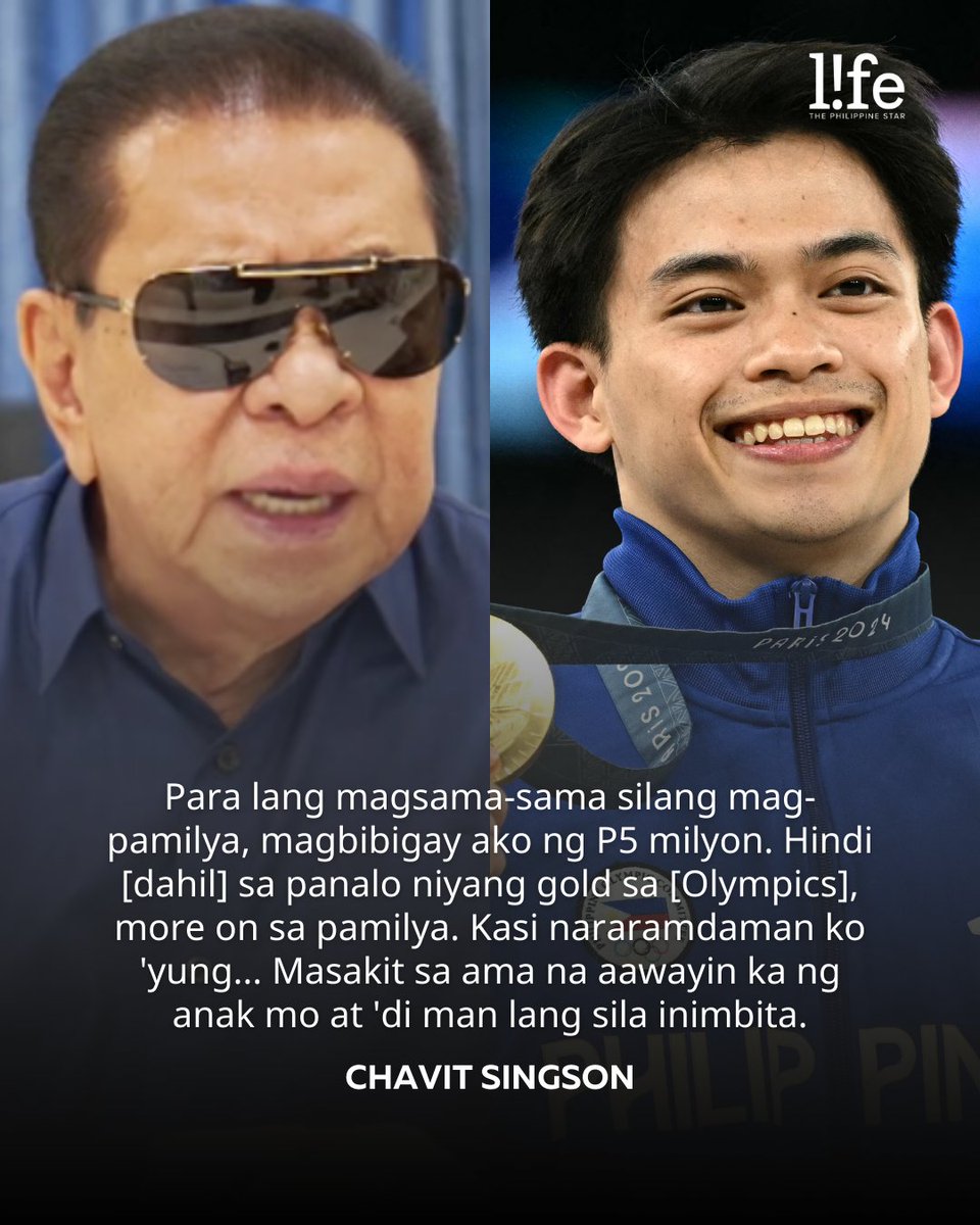 philstarlife's tweet image. Chavit Singson is pledging P5 million to Carlos Yulo if he reunites with his family. The entrepreneur and former Ilocos governor took to Facebook to share his proposition for the Olympian.

READ: tinyurl.com/5n7bt67n