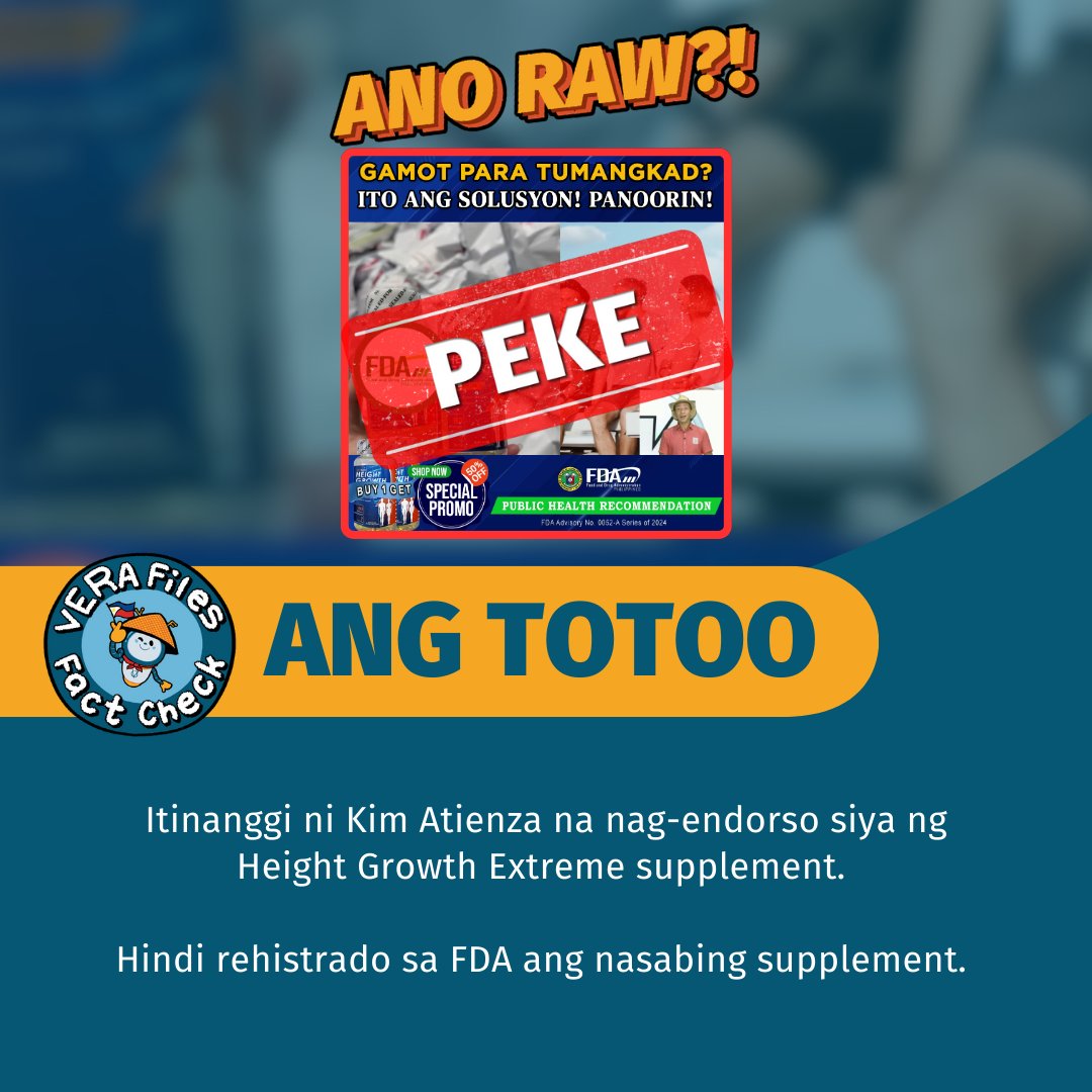 verafiles's tweet photo. Anim na Facebook page ang nagpost ng pekeng ad na pinamumukhang nag-endorso si Kuya Kim Atienza ng pampatangkad. 

Peke ito at gawa sa AI, ayon mismo kay Atienza. 

Basahin ang aming #FactCheckFilipino rito: https://t.co/NP5ffWkMKx https://t.co/LqxNvs1D5E