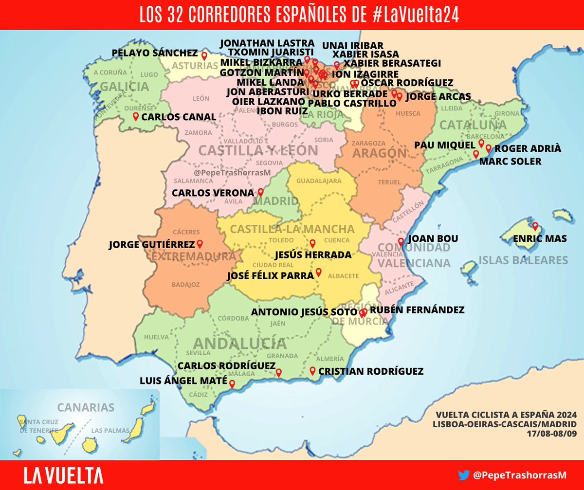 PepeTrashorrasM's tweet photo. 🇪🇸 32 españoles de un total de 176 corredores toman la salida en #LaVuelta24

🤔 ¿De dónde procede cada uno de ellos? Veámoslo en el mapa. https://t.co/vNwzaWfgeC