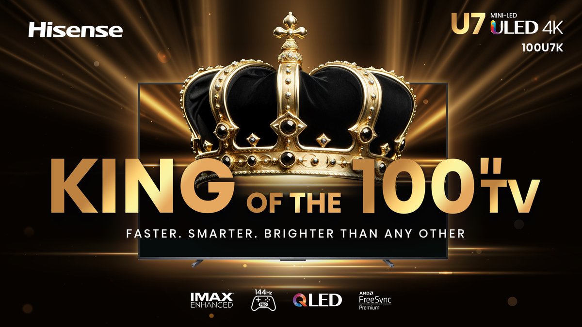 HisenseSA's tweet photo. Have you met the King? 🤴
If you haven't heard the news yet, Hisense's 100" TV has taken it's rightful place of king over all 100 inch TV's 👀

Have a closer look here -> https://t.co/sXpz29JZuM

#HisenseSA #Quality #Technology #100inch https://t.co/g4yeG8lUAY