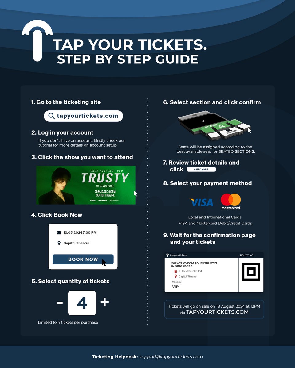 tapyourtickets's tweet image. Singaporean Ahgases! Make sure to familiarize yourselves with the ticketing process for the 2024 YUGYEOM TOUR [TRUSTY] IN SINGAPORE.

Tickets go on sale on 18 August 2024 at 12PM via tapyourtickets.com 

#2024TRUSTY_IN_SINGAPORE
#tapyourtickets