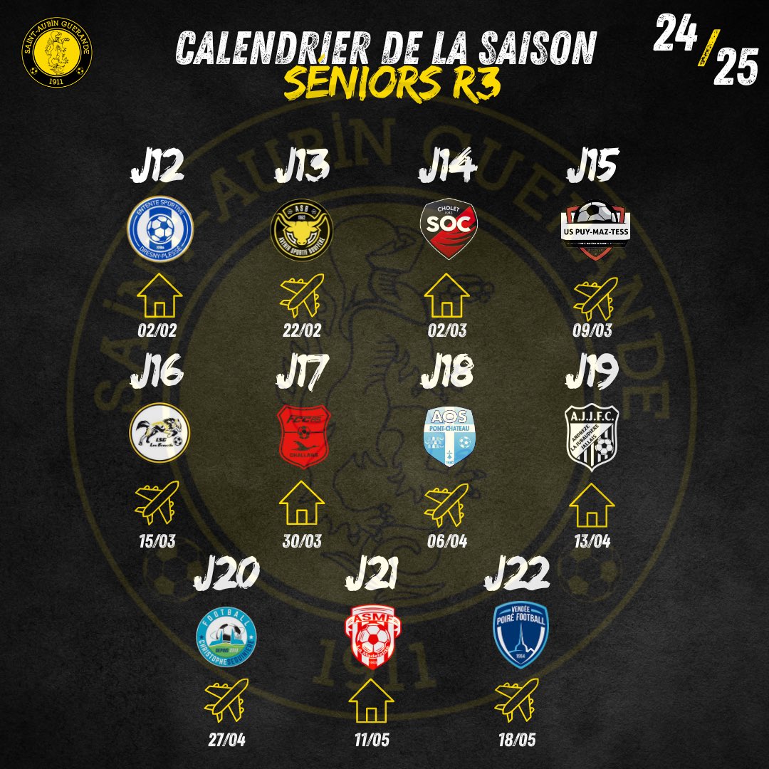 𝐒𝐄𝐍𝐈𝐎𝐑𝐒 𝐑𝟑 - 𝐂𝐀𝐋𝐄𝐍𝐃𝐑𝐈𝐄𝐑

➡️ Voici le calendrier de notre équipe fanion pour cette saison 2024/2025 ! 

🌗 Réservez déjà votre dimanche 8 septembre avec le premier match de championnat, à la maison, face au Vendée Poiré Football. 

#sag #saintaubinguérande