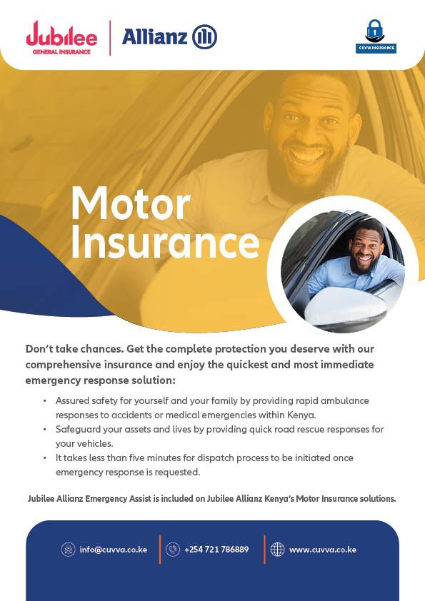 Get the complete protection with <a href="/InsuranceCuvva/">Cuvva Insurance</a> in partnership with <a href="/JubileeAllianz/">SanlamAllianz General Insurance Kenya</a> Motor Insurance Comprehensive Covers with enhanced benefits 

#motorinsurance #protection #Partnership #solutions #Kenya