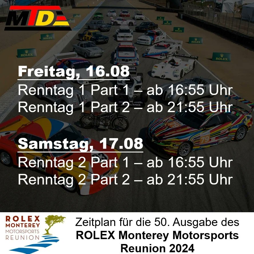 Diese Woche gibt's die Monterey Motorsports Reunion live mit deutschen Kommentatoren auf unserem YouTube-Account 🎙

Bei diesem Event fahren ältere Motorsportautos mit, von F1-IMSA aus den 1950er-2010er Jahren.  
#RolexMontereyMotorsportsReunion #MotorsportTelevisionDE #MTD