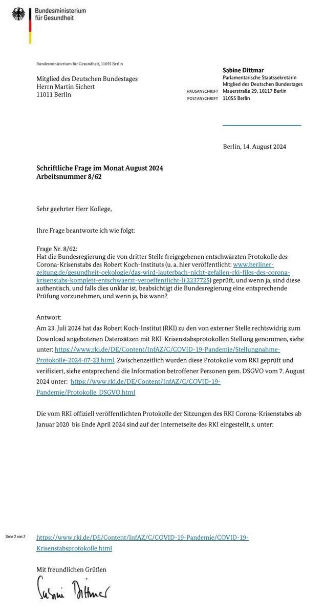 A la vista del contenido, no había ninguna duda de que la filtración de actas y correos del RKI era de documentos reales

Por si alguien tenía alguna duda, el propio RKI ha confirmado OFICIALMENTE, en respuesta a la pregunta formal de un parlamentario, que todo es AUTÉNTICO