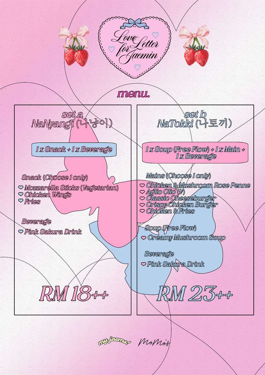 my_jaems's tweet photo. 2024 JAEMIN BIRTHDAY PROJECTS
by @my_jaems 

⋆ ˚｡⋆୨ Love Letter for JAEMIN ୧⋆ ˚｡⋆
Jaemin’s Birthday Cupsleeve Event

📍 Momo’s Kuala Lumpur
🗓 17 Aug 2024, 12PM-5PM

Choose your NaNyangi 🐱 or NaTokki 🐰 set and show us your receipt to claim freebies!

#LoveLetterForJAEMIN https://t.co/mdvjpob91p