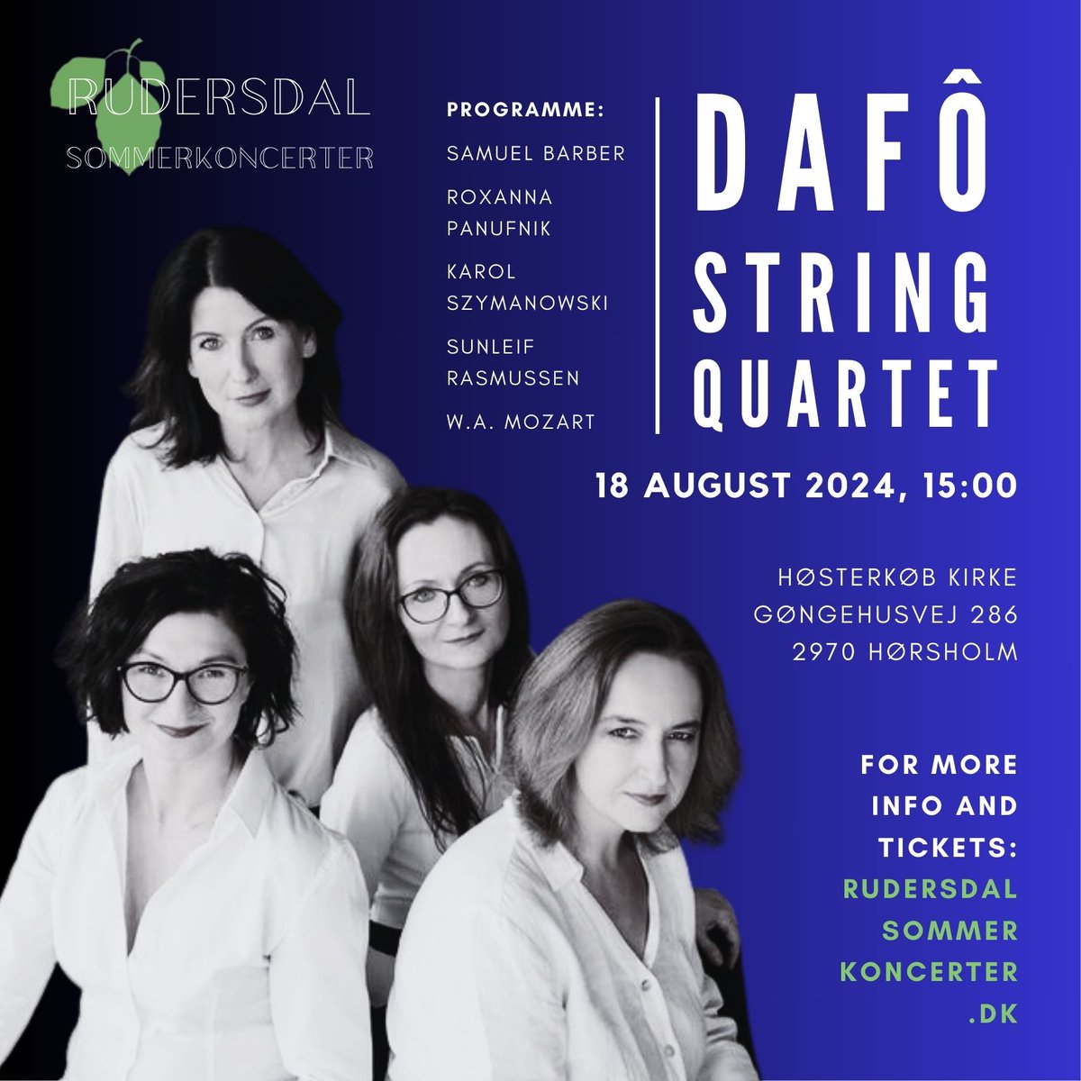 🎻🇵🇱
En tur i det grønne🌿 + skøn strygermusik🎻 = en perfekt sommerdag😎!

Den 18. august i smukke Hørsholm, som en del af festivalen #RudersdalSommerkoncerter, vil 🇵🇱 DAFO Kvartetten spille værker af Barber, Panufnik, Szymanowski, Rasmussen og Mozart.

👉rudersdalsommerkoncerter.dk/koncerter/stry…