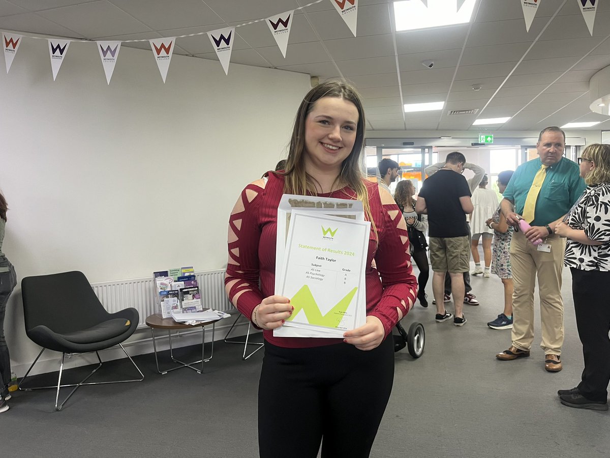 Faith Taylor said: “I was a little nervous ahead of today, but now I’m really happy.” Faith achieved A A B and will continue to study at Weymouth College for a second year <a href="/Dorsetecho/">Dorset Echo</a> - well done Faith!