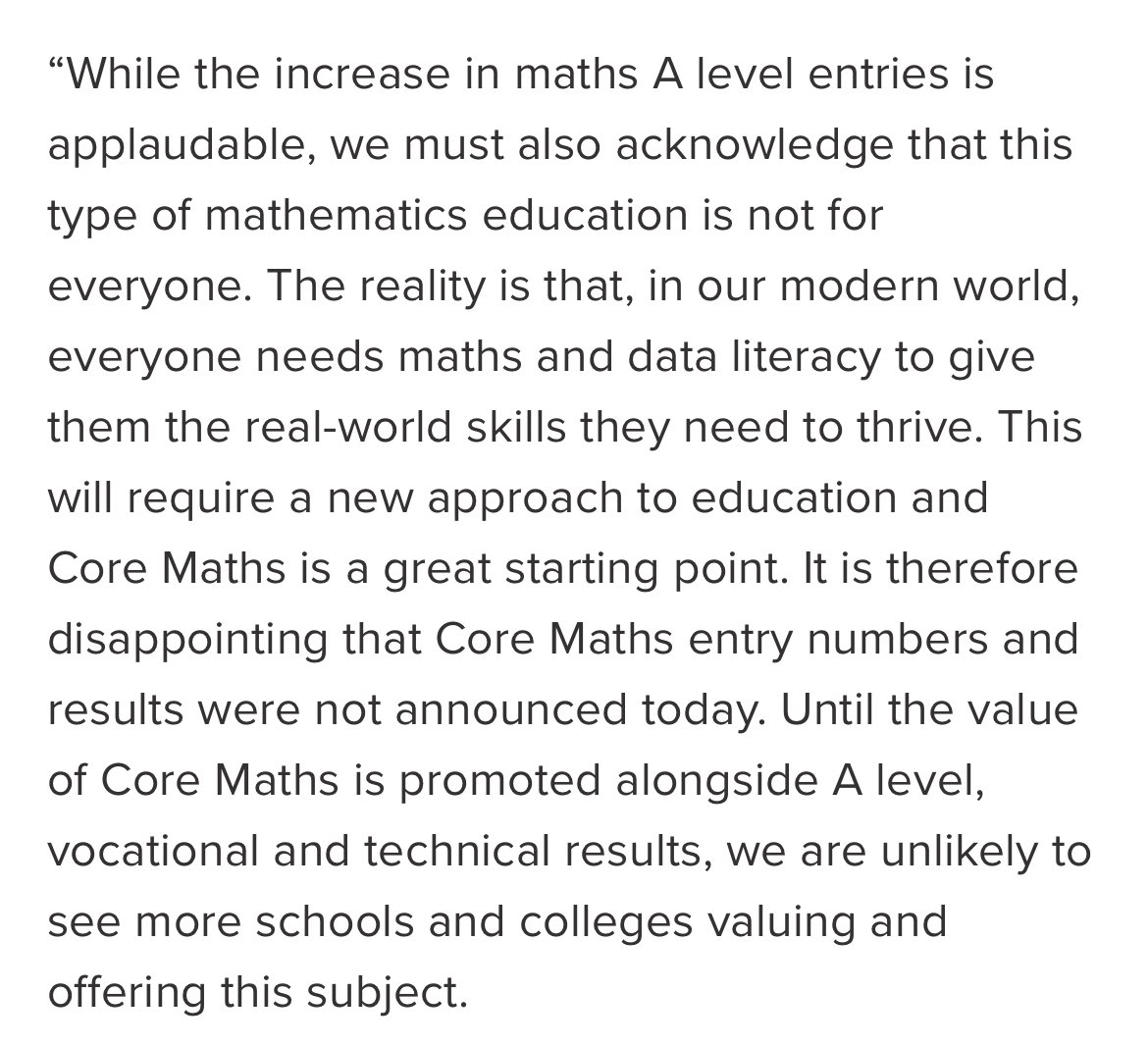 Glaister (@p_glaister) on Twitter photo Great support from <a href="/royalsociety/">The Royal Society</a> Chair of the Education Committee on AL Maths & FMaths.
Equally on #CoreMaths with a timely additional message on the importance of what these quals offer & the lack of information on these on results day.
Call for action by policy makers please. Great support from <a href="/royalsociety/">The Royal Society</a> Chair of the Education Committee on AL Maths & FMaths.
Equally on #CoreMaths with a timely additional message on the importance of what these quals offer & the lack of information on these on results day.
Call for action by policy makers please.