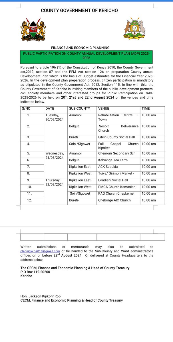 Kericho County Government (@kerichocountygv) on Twitter photo Have your voice heard during our planned Public participation on the County Annual Development Plan(ADP)2025-2026 at the locations below.
You can also send written memoranda via email through plannigkco2018@gmail.com. Have your voice heard during our planned Public participation on the County Annual Development Plan(ADP)2025-2026 at the locations below.
You can also send written memoranda via email through plannigkco2018@gmail.com.