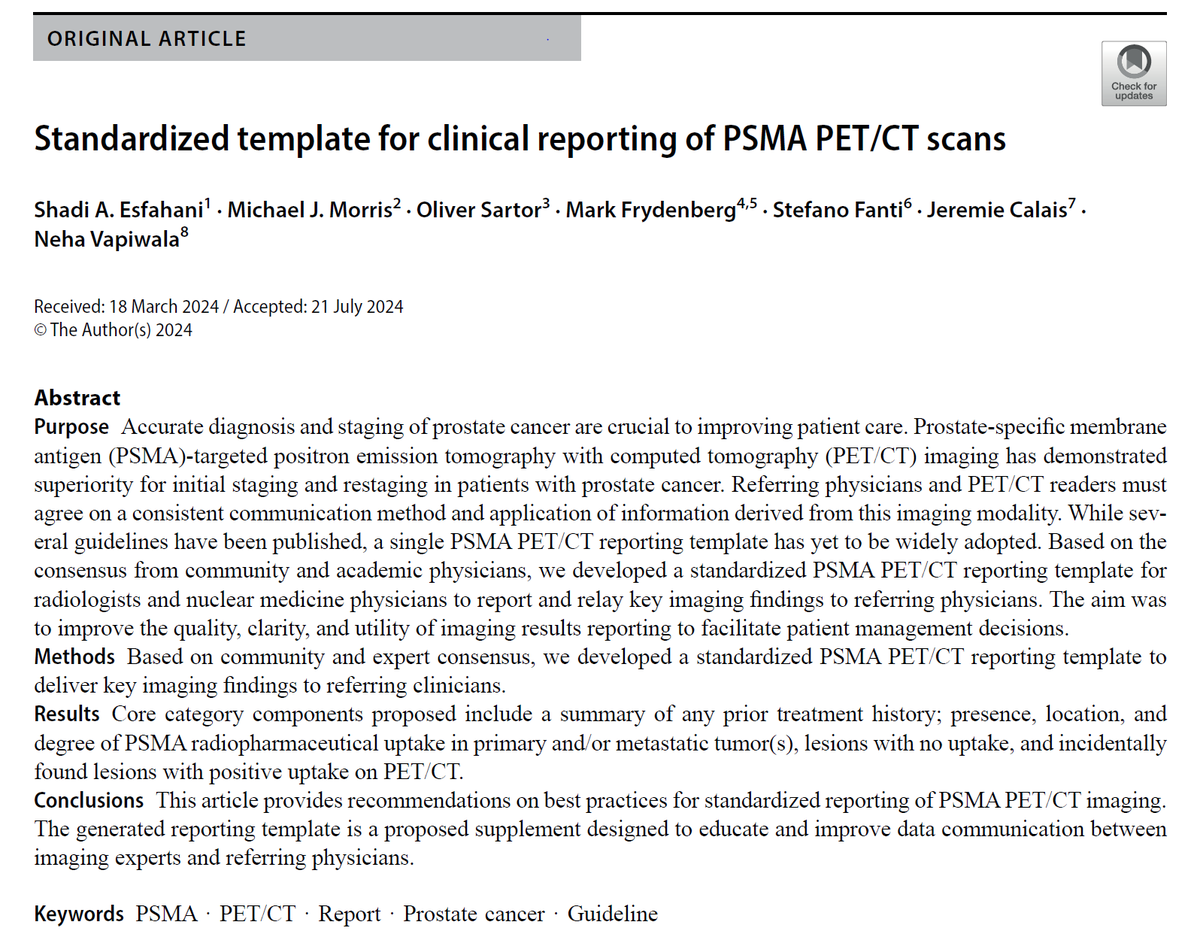 radiolobt's tweet photo. Standardized template for clinical reporting of PSMA PET/CT scans 
https://t.co/GaJPC1RAZz
🔵Clear communication of imaging study results is just as crucial as performing and interpreting them
👍A valuable recommendation article on standardized reporting of PSMA PET/CT scans to enhance collaboration between imaging doctors and referring physicians
🏅Congratulations to  @ShadiEsfahani and all co-authors
#PSMAPETCT #MedicalImaging #Radiology #NuclearMedicine #molecularimaging #prostatecancer