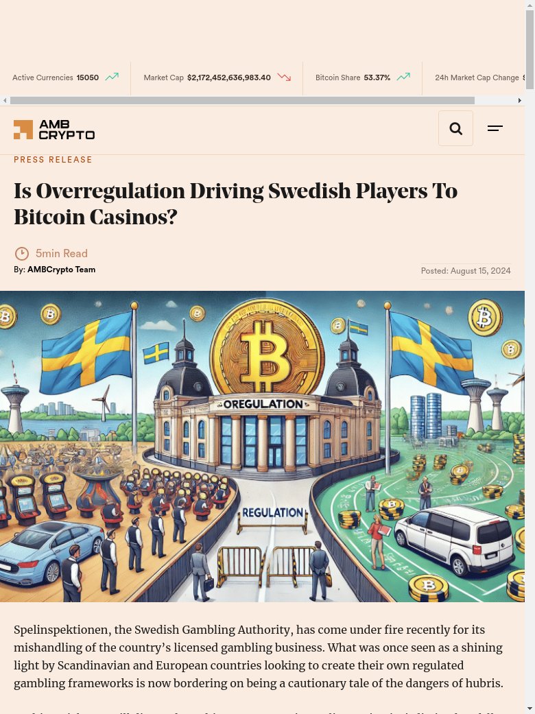 rayan_bibiloni's tweet image. BREAKING NEWS : Swedish players turning to Bitcoin casinos due to overregulation. cryptoeco.net/tw/d1a1.html #Bitcoin #Casinos #Overregulation