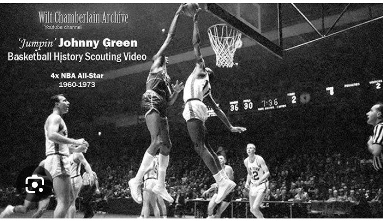 Jumpin Johnny Green with the block on  Wilt. Green played against Wilt in the 100 point game. I’ve been friends with one of his sons since 12 years old when we met at Willis Reed’s basketball camp. It’s a fact Wilt scored 100. To think otherwise is the ultimate in ignorance.