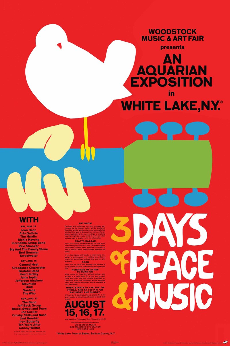 55 years ago today, the Woodstock Festival took place on Max Yasgur's farm in Bethel, NY with over 400,000 attendees. Legendary performances included Jimi Hendrix, Crosby Stills Nash &amp; Young, Santana, The Who, CCR, Grateful Dead, Janis Joplin, Sly &amp; the Family Stone, Joe Cocker.