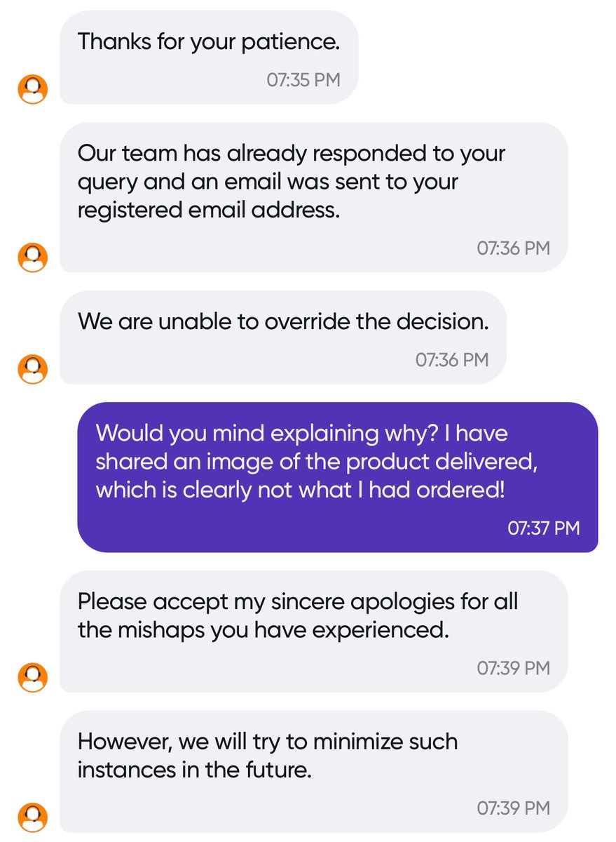 rahul003's tweet photo. @SwiggyCares @SwiggyCares @SwiggyInstamart And this is what your chat support has the audacity to say when asked for a reason for not replacing the product with the right one.
Order ID: 182670367714957 https://t.co/deSNEJFVMO