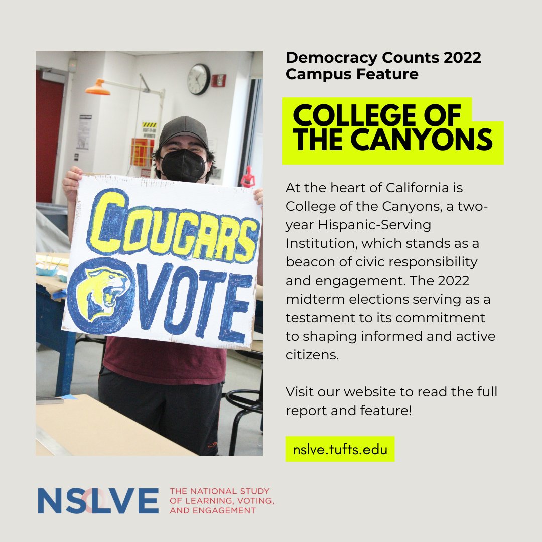 Democracy Counts 2022 highlights the civic engagement initiatives on college campuses. See what College of the Canyons in CA and other campuses are up to!! To read the report visit our website: nslve.tufts.edu. <a href="/canyons/">College of the Canyons</a>