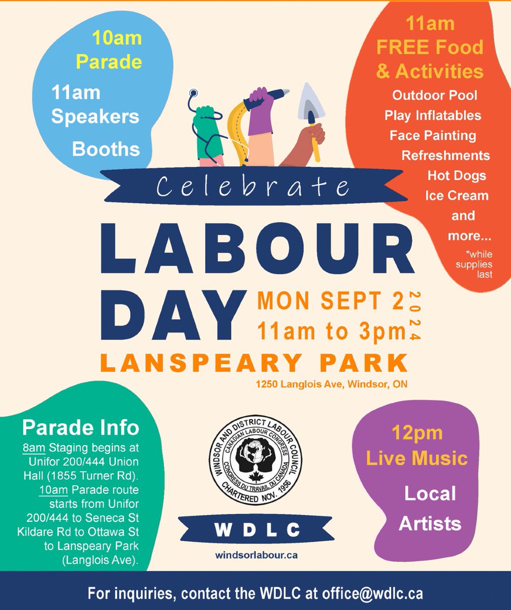 LOCAL444UNIFOR's tweet photo. If you would like to volunteer to assist in set up, teardown, parade marshalling, and other aspects of Labour Day, please reply to the Windsor and District Labour Council: office@wdlc.ca.
#labourday24 https://t.co/eWwHaNUryw