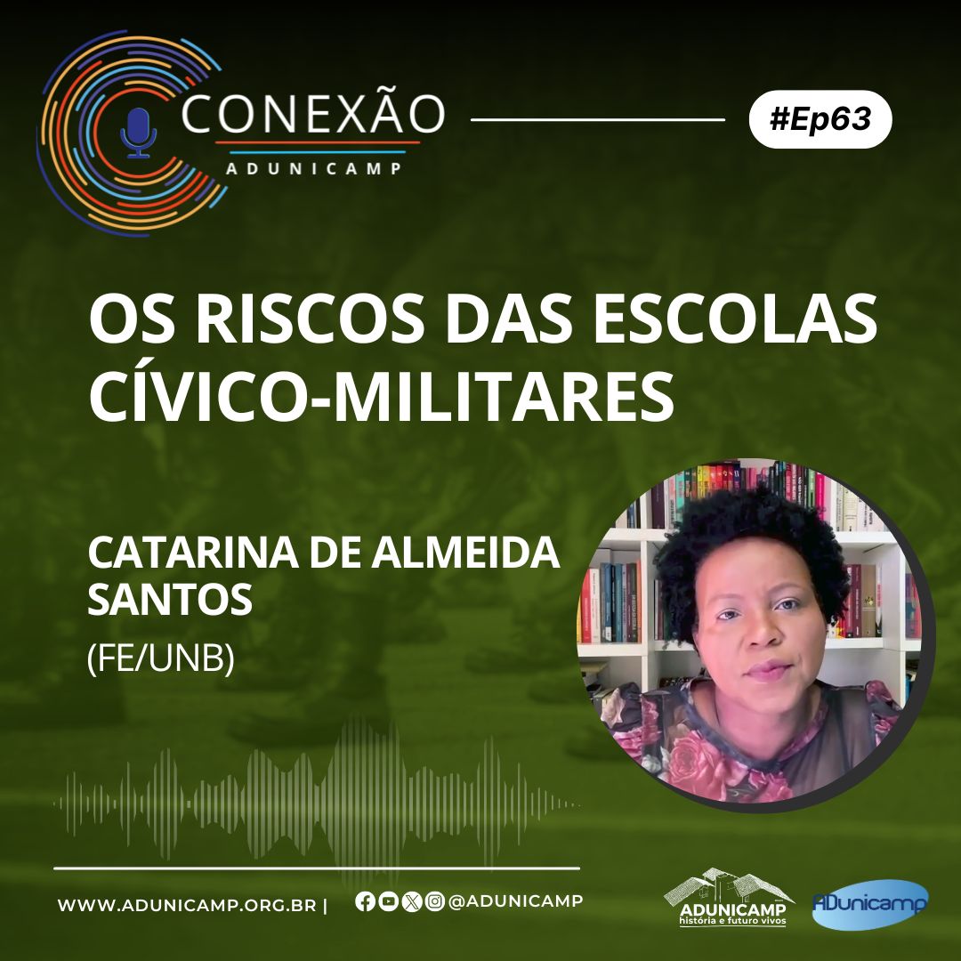 ADunicamp's tweet photo. As escolas cívico-militares em SP coloca a PM na gestão escolar. O TJ-SP suspendeu o programa até julgamento do STF. A profa. Catarina de Almeida Santos (UnB) analisa o contexto histórico e político dessa medida. Confira no o #EP63 do Conexão ADunicamp: https://t.co/BnLfSg023f https://t.co/c9wifdEnvV