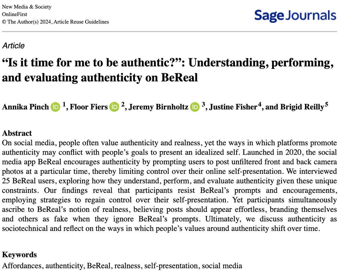 My piece about authenticity on BeReal is now out in New Media &amp; Society!! Feel free to dm/email me for the pdf of the article. We interviewed 25 BeReal users about how they understand, perform, and evaluate authenticity given BeReal’s unique constraints: journals.sagepub.com/doi/10.1177/14…