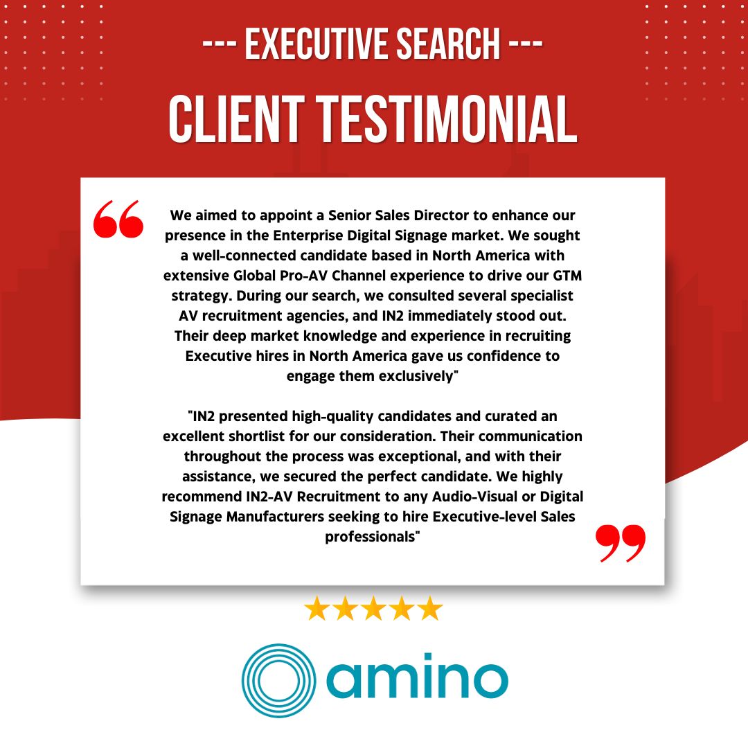 In2Resourcing's tweet photo. 💥 Client Testimonial Alert 💥 

We are delighted to share a glowing testimonial for a recent Executive Search assignment successfully completed for Amino Communications in North America.  

More info on our executive search services here: https://t.co/OJtBFBF7Yu https://t.co/i6wdYE7Pei