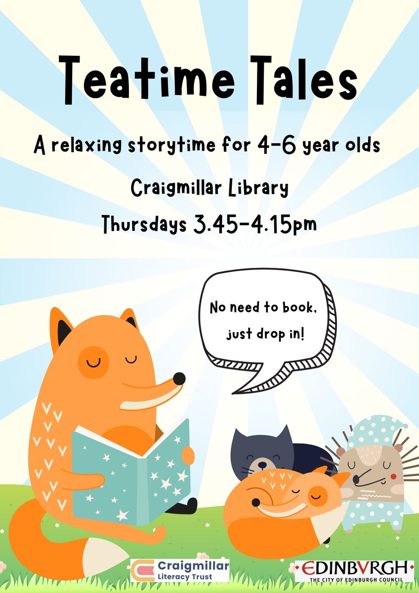 CraigmillarSFS's tweet photo. It's Thursday so it must be #TeatimeTales today at 3.45pm in #CraigmillarLibrary! Perfect for 4-6 year olds, no need to book, just drop in. Come along and snuggle up for a super cosy storytime 🤗
#Relaxing #Storytime #FamilyTime https://t.co/N8TLN8bw7k