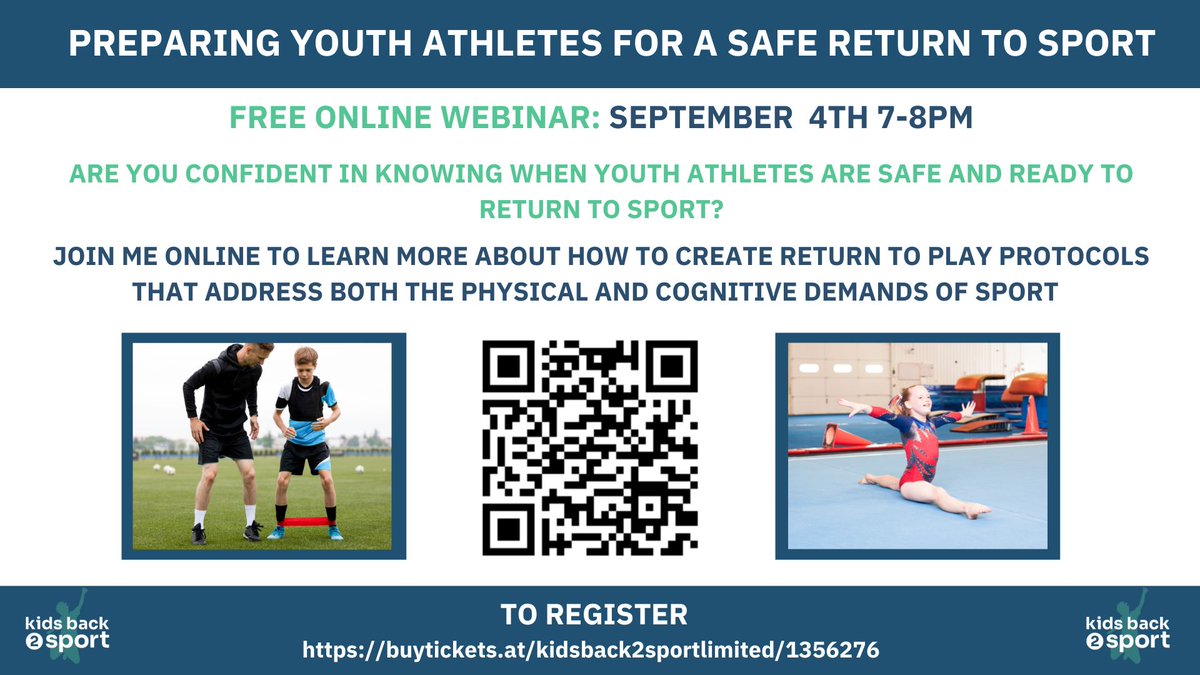 PREPARING YOUTH ATHLETES FOR A SAFE RETURN TO SPORT

FREE ONLINE WEBINAR

September 4th 7-8pm

Join me online to learn more about how to create return to play protocols that address both the physical and cognitive demands of sport

buytickets.at/kidsback2sport…