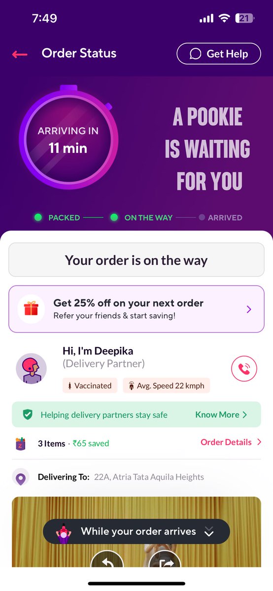 EvaforData's tweet photo. @zeptocares i have placed an order at 7:35pm and it’s been 15mins already yet the order hasn’t been picked. And the funny part is that since 7:35pm the delivery time is showing 11mins. What is this logic? https://t.co/sNZTplgMBh