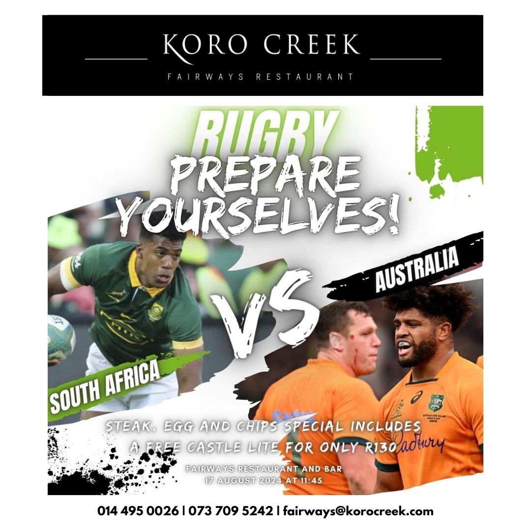 Excited for some rugby action this weekend! Don't miss supporting the Springboks on Saturday, August 17th, at 11:45 AM!🏆

Steak, Egg &amp; Chips Special with a FREE Castle Lite for only R130🤩

Fairways Restaurant and Bar:
014 495 0026 |  073 709 5242